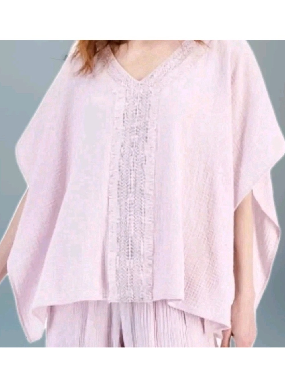 JM Collection Light Pink V-Neck Gauze Tunic with Lace Trim. L